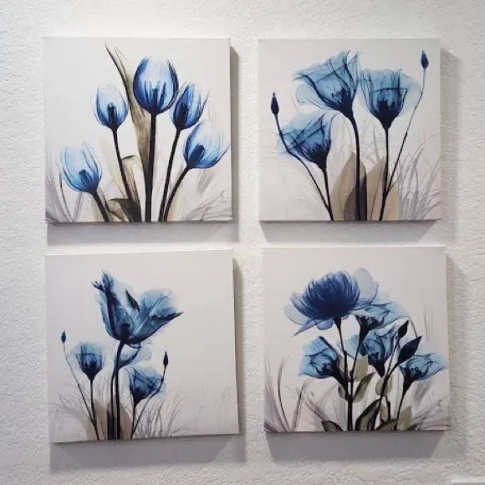 Blue Floral Canvas Wall Art Set